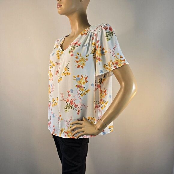 Liz Claiborne Top Floral Short Sleeve Blouse V Neck Spring Career Womens Size L - Picture 6 of 8